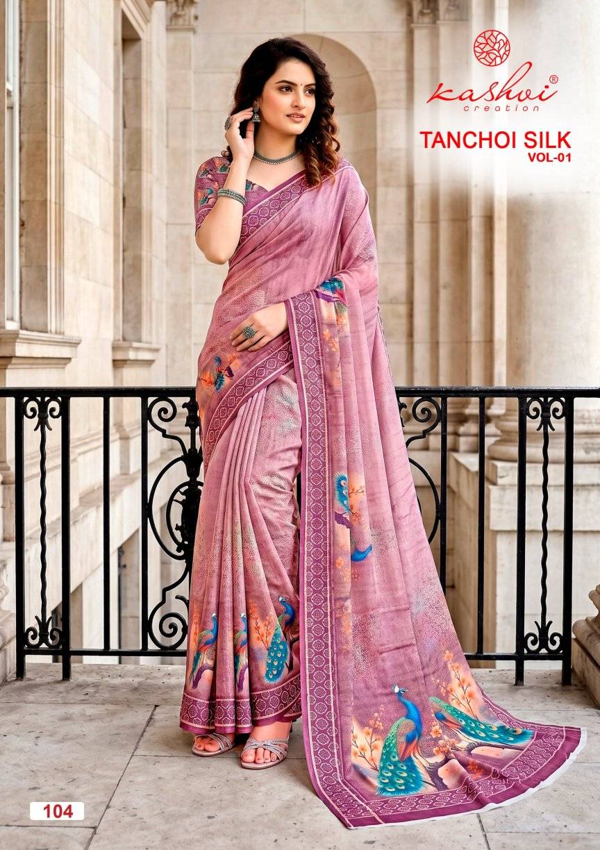  TANCHOI SILK VOL 01 By KASHVI CREATION 101 To 108 Series Indian Traditional Wear DULL MOSS sarees At Wholesale Price